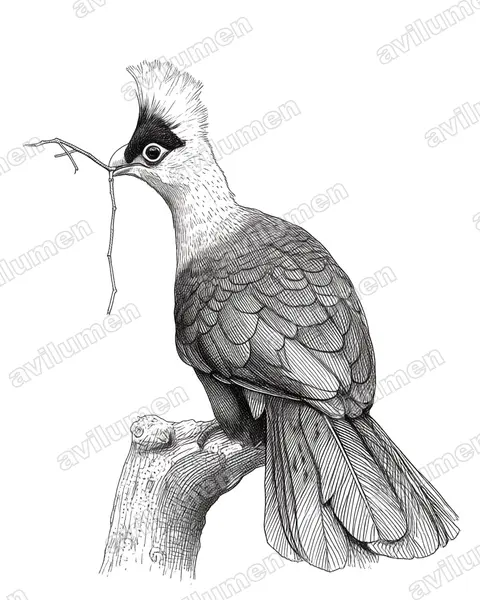 Ink illustration: Tauraco leucolophus (White-crested Turaco)