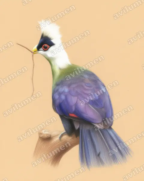 Colored pencil illustration: Tauraco leucolophus (White-crested Turaco)