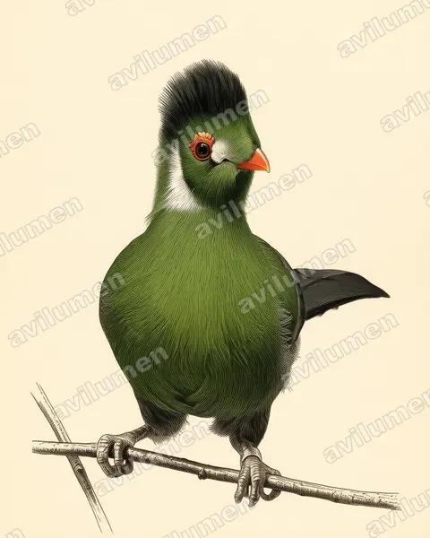 Illustration im Stil Historische Tafel: Weißohrturako (Tauraco leucotis)