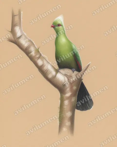 Illustration Crayon de couleur : Tauraco livingstonii (Touraco de Livingstone)