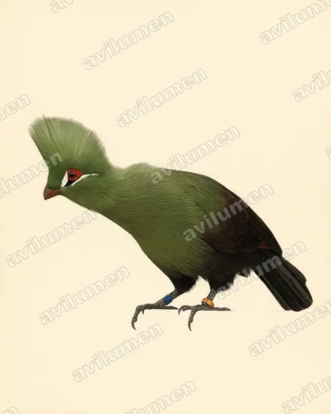 Ilustración en Lámina antigua: Tauraco persa (Turaco de Guinea)