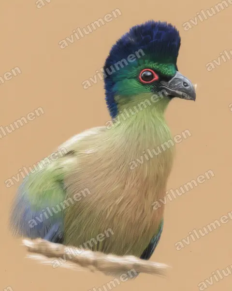 紫冠蕉鵑（Tauraco porphyreolophus）的彩色铅笔插画