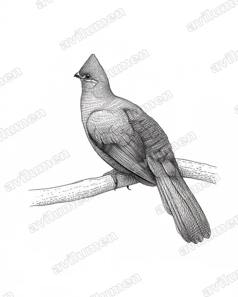Ink illustration: Tauraco schuettii (Black-billed Turaco)