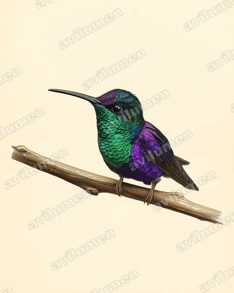 Ilustración en Lámina antigua: Thalurania colombica (Zafiro coroniazul​)