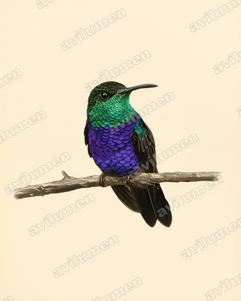 Ilustración en Lámina antigua: Thalurania furcata (Zafiro golondrina)
