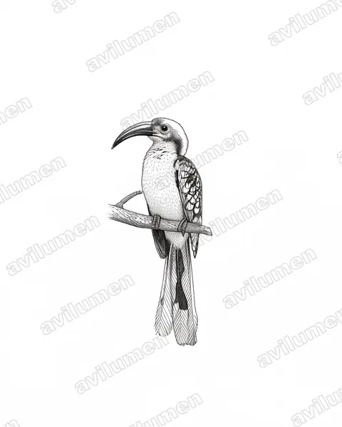 Ink illustration: Tockus erythrorhynchus (Northern Red-billed Hornbill)