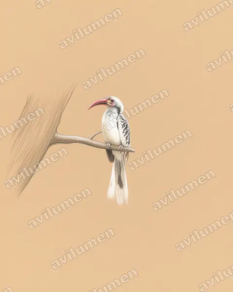 Colored pencil illustration: Tockus erythrorhynchus (Northern Red-billed Hornbill)