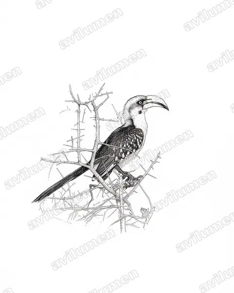 Illustration im Stil Tusche: Östlicher Gelbschnabeltoko (Tockus flavirostris)