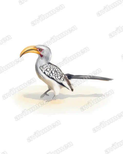 黄嘴犀鸟（Tockus leucomelas）的水彩插画