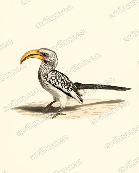黄嘴犀鸟（Tockus leucomelas）的古典图版插画