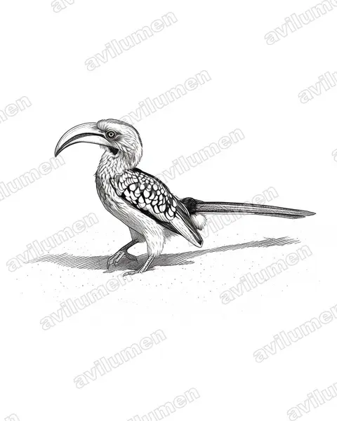 黄嘴犀鸟（Tockus leucomelas）的钢笔墨线插画