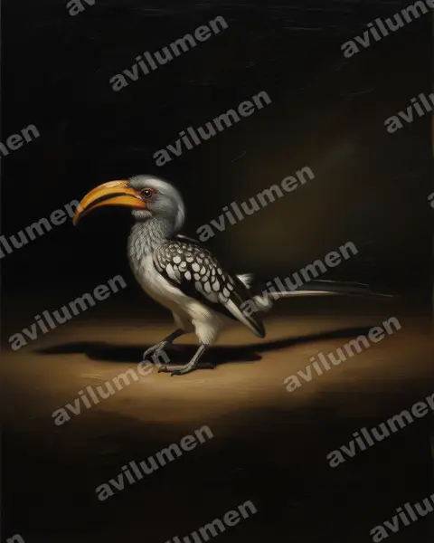 黄嘴犀鸟（Tockus leucomelas）的油画插画