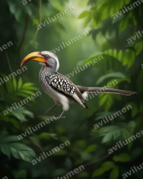 黄嘴犀鸟（Tockus leucomelas）的写实插画