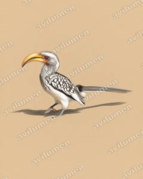 黄嘴犀鸟（Tockus leucomelas）的彩色铅笔插画