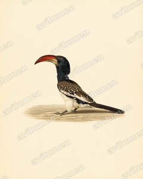 Ilustración en Lámina antigua: Tockus monteiri (Toco angoleño​)