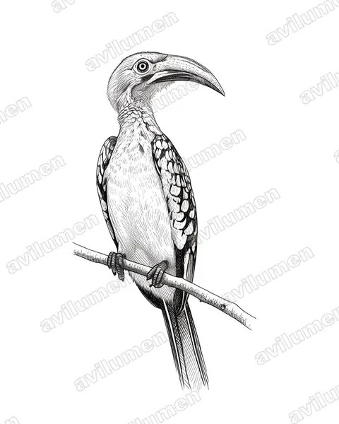Ilustración en Tinta: Tockus rufirostris (Tockus rufirostris)