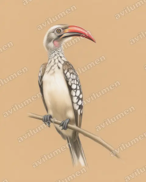 Ilustración en Lápiz de color: Tockus rufirostris (Tockus rufirostris)