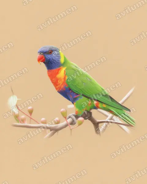 彩虹吸蜜鸚鵡（Trichoglossus moluccanus）的彩色铅笔插画