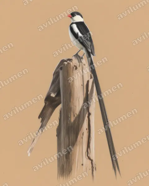 針尾維達雀（Vidua macroura）的彩色铅笔插画